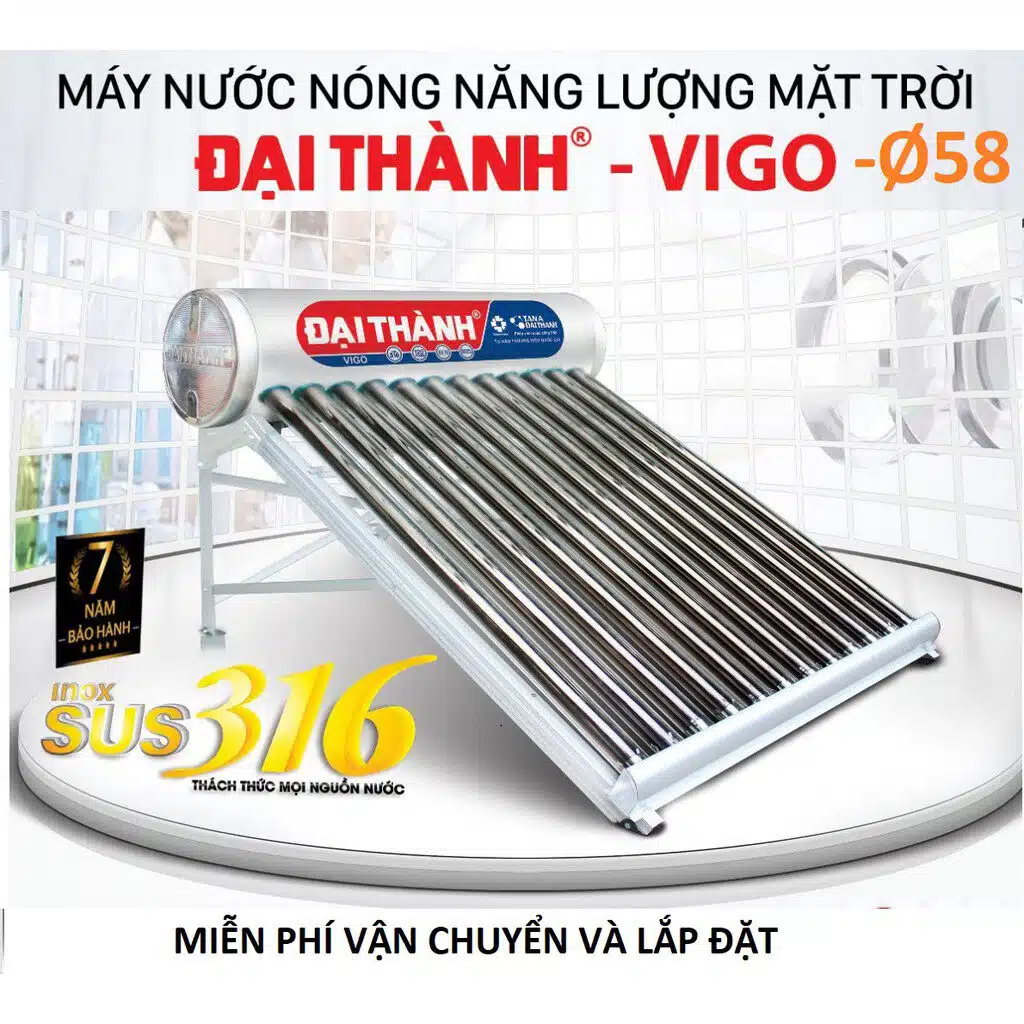 Giàn máy đun nước nóng bằng năng lượng mặt trời Tân Á Đại Thành Vigo ống phi 58 sử dụng inox SUS316 cao cấp